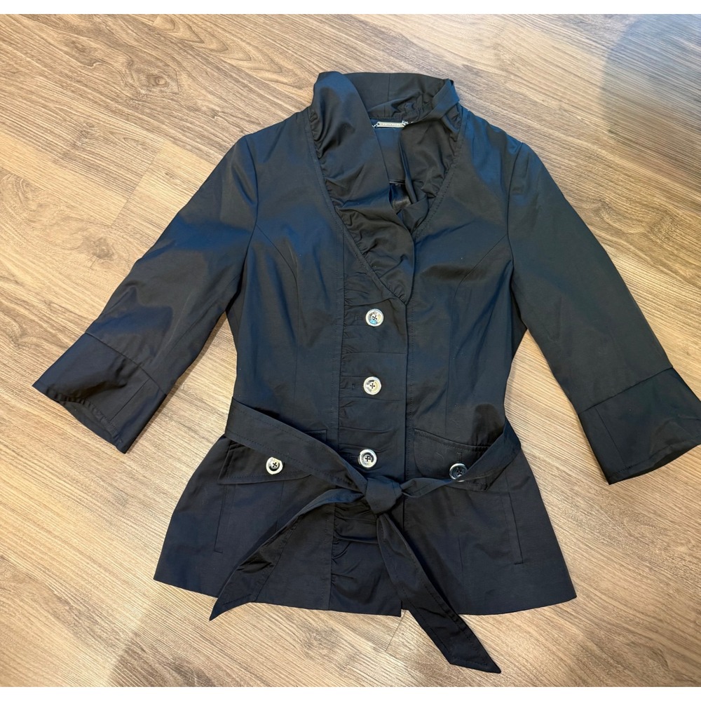 White House Black Market Black Ruffle Collar Belted Trench Jacket Size M